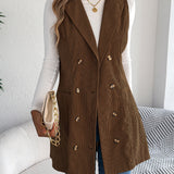 Giacca-gilet lunga da donna in velluto a coste tinta unita – Modello casual a doppio petto con tasche, ideale per look a strati