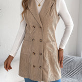 Giacca-gilet lunga da donna in velluto a coste tinta unita – Modello casual a doppio petto con tasche, ideale per look a strati