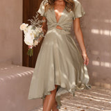 Elegante abito midi in raso con scollo a V profondo da donna maniche a farfalla e gonna asimmetrica fluida