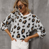 Maglione morbido in maglia leopardata da donna – Pullover morbido a girocollo per look casual a strati
