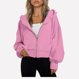 Felpa con zip da donna, vestibilità comoda, corta, con coulisse