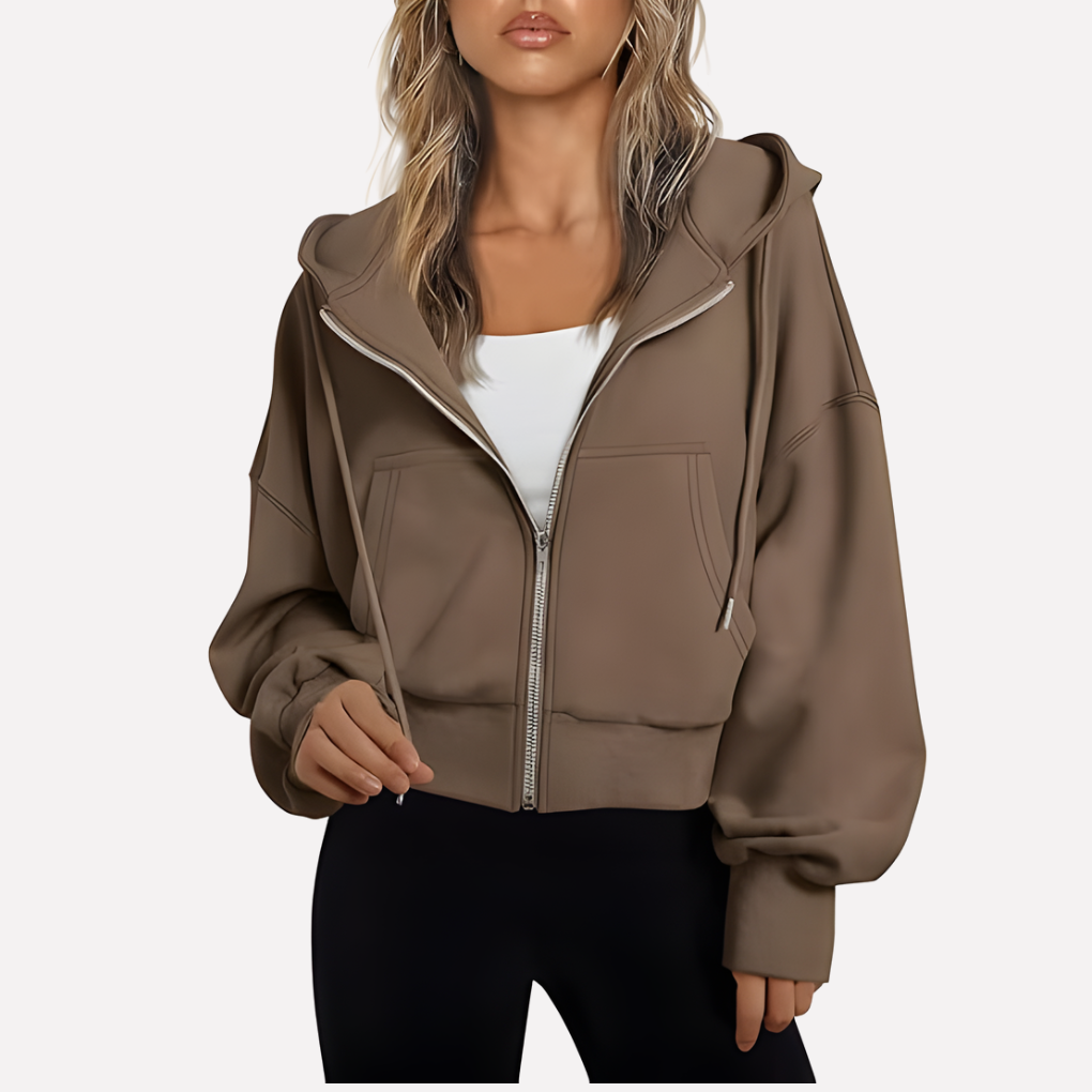 Felpa con zip da donna, vestibilità comoda, corta, con coulisse