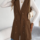 Giacca-gilet lunga da donna in velluto a coste tinta unita – Modello casual a doppio petto con tasche, ideale per look a strati