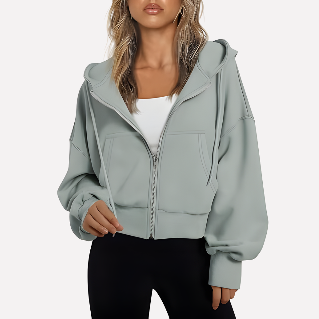 Felpa con zip da donna, vestibilità comoda, corta, con coulisse
