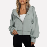 Felpa con zip da donna, vestibilità comoda, corta, con coulisse