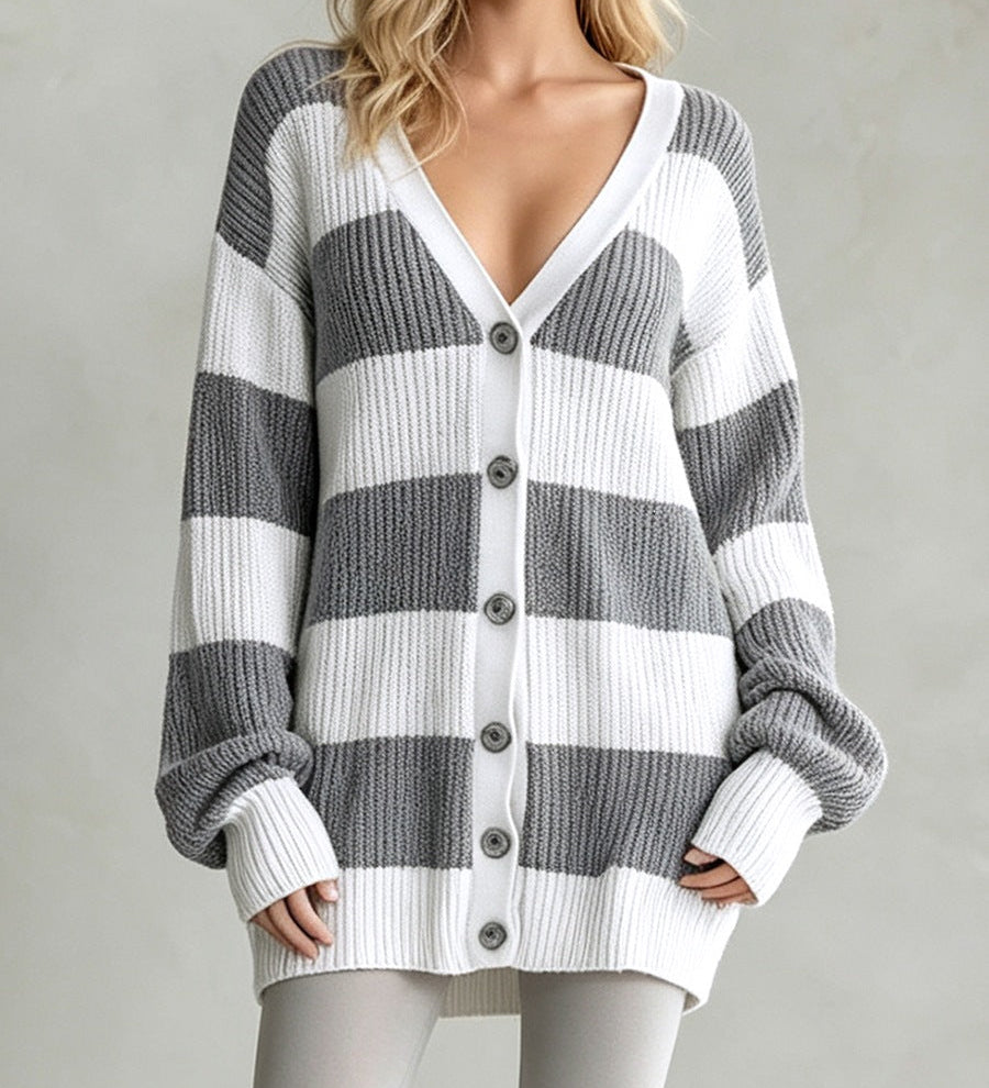 Cardigan cappotto donna a righe in maglia - Morbido e comodo
