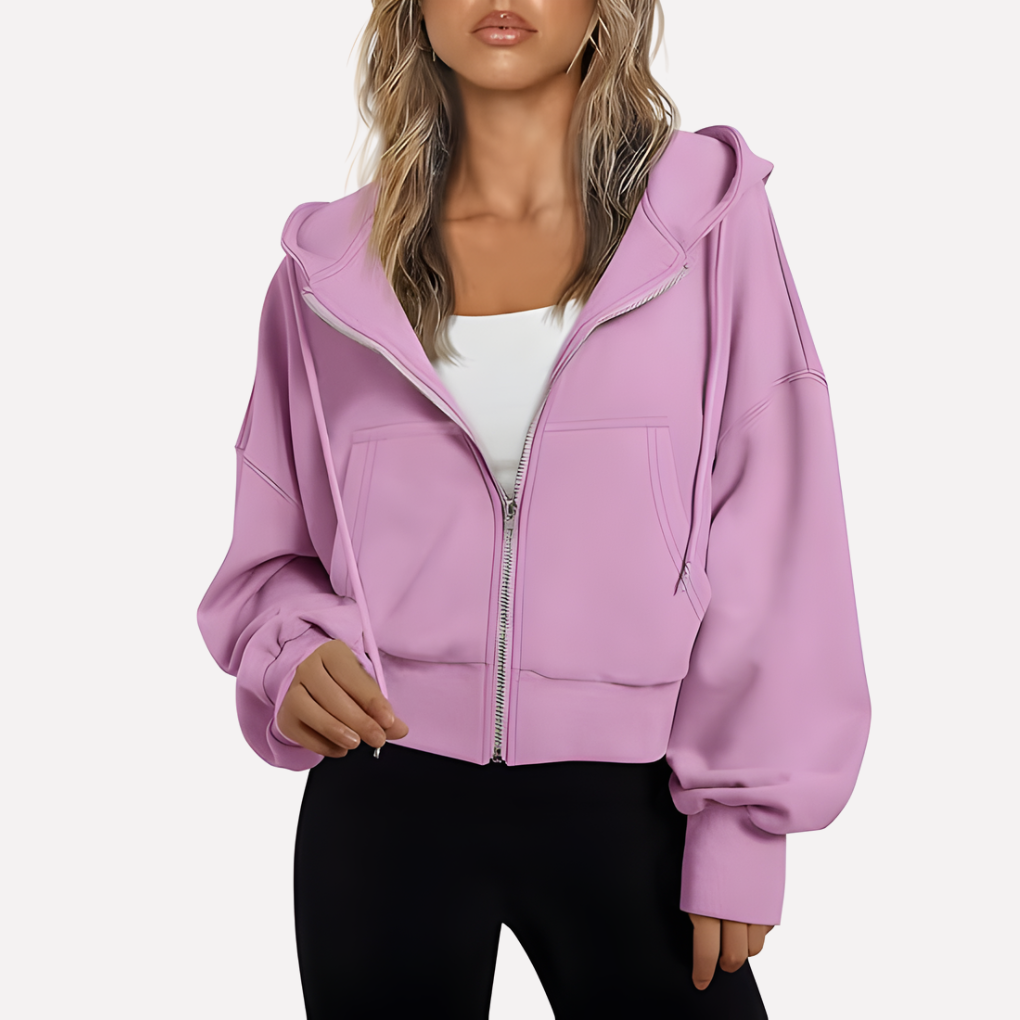 Felpa con zip da donna, vestibilità comoda, corta, con coulisse
