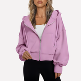 Felpa con zip da donna, vestibilità comoda, corta, con coulisse