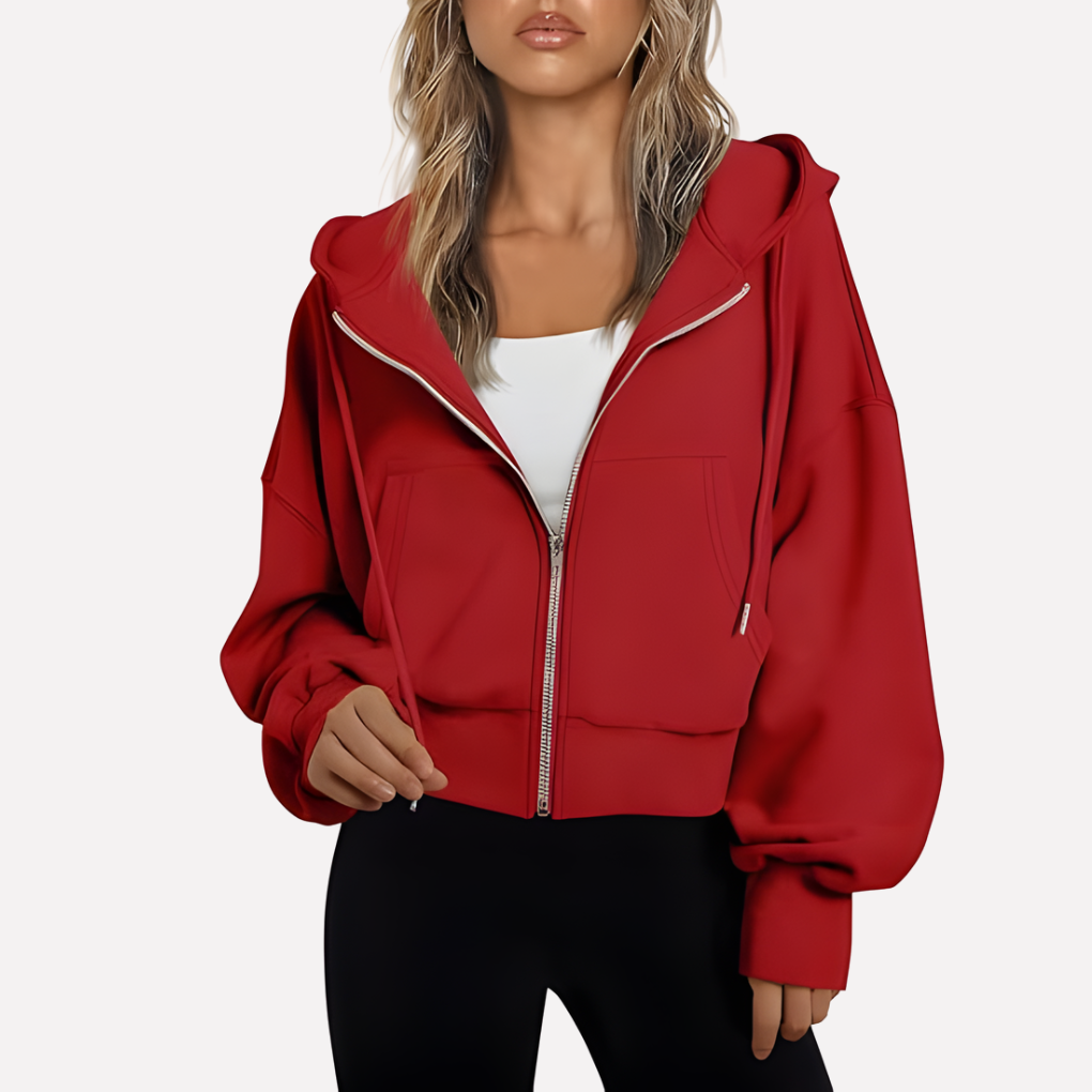 Felpa con zip da donna, vestibilità comoda, corta, con coulisse