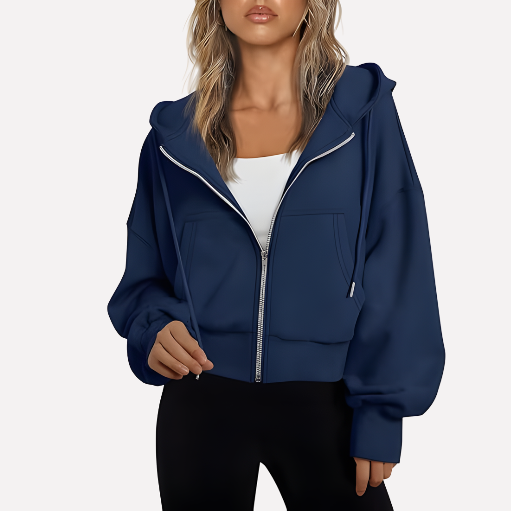 Felpa con zip da donna, vestibilità comoda, corta, con coulisse