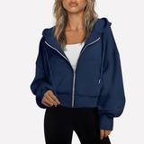Felpa con zip da donna, vestibilità comoda, corta, con coulisse