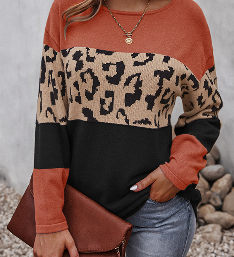 Maglione da donna in maglia con motivo leopardato a blocchi di colore – Pullover comodo a maniche lunghe per vestirsi a strati con stile in inverno