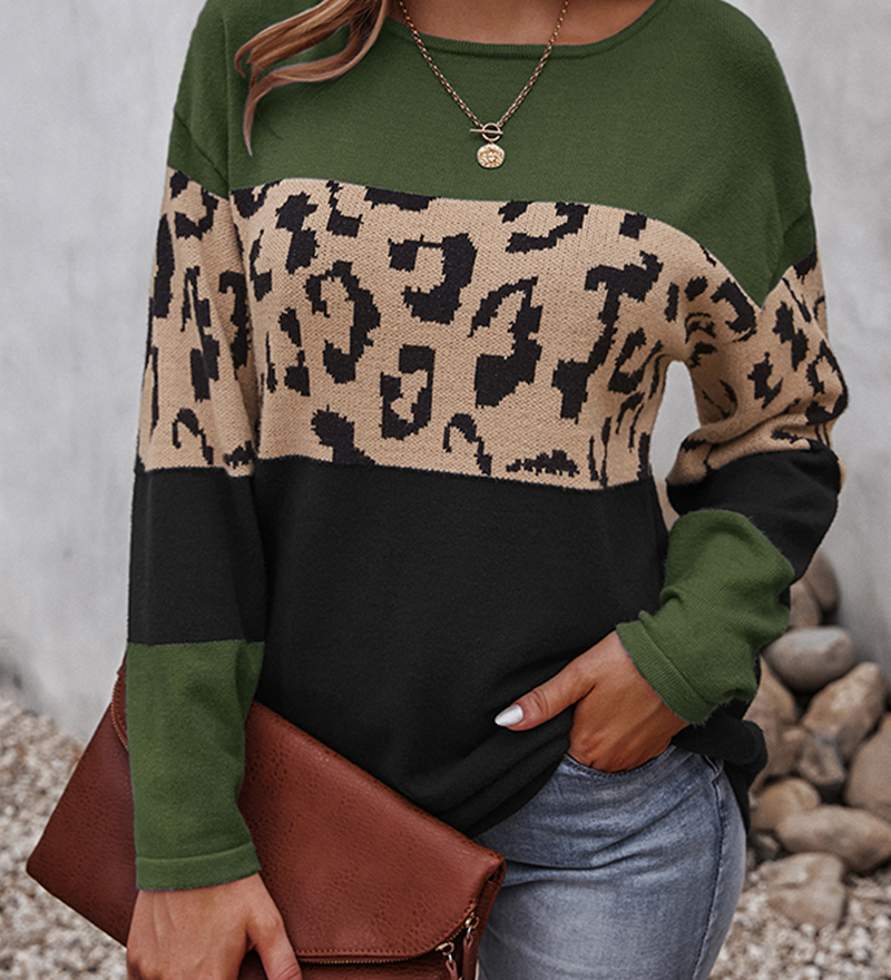 Maglione da donna in maglia con motivo leopardato a blocchi di colore – Pullover comodo a maniche lunghe per vestirsi a strati con stile in inverno