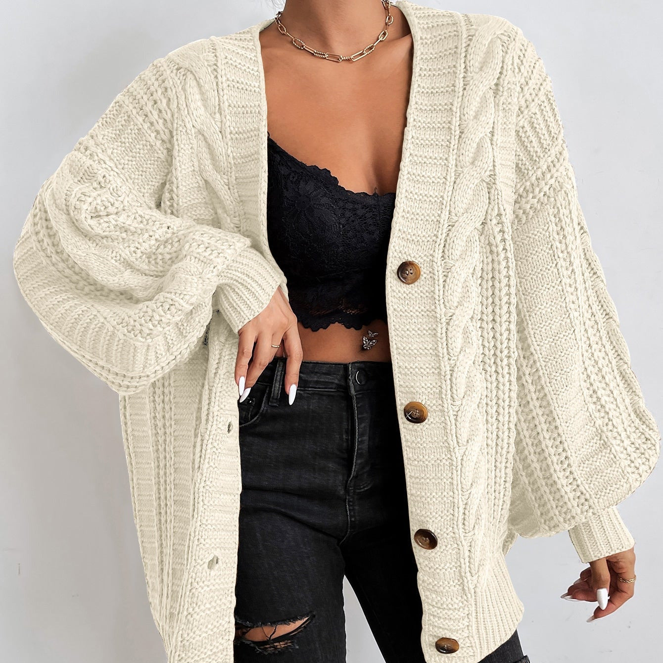Donna - Cardigan in maglia a cavi - Maglieria accogliente