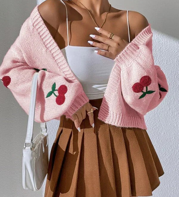 Cardigan lavorato a maglia con ricamo di ciliegie da donna - Casual a maniche lunghe
