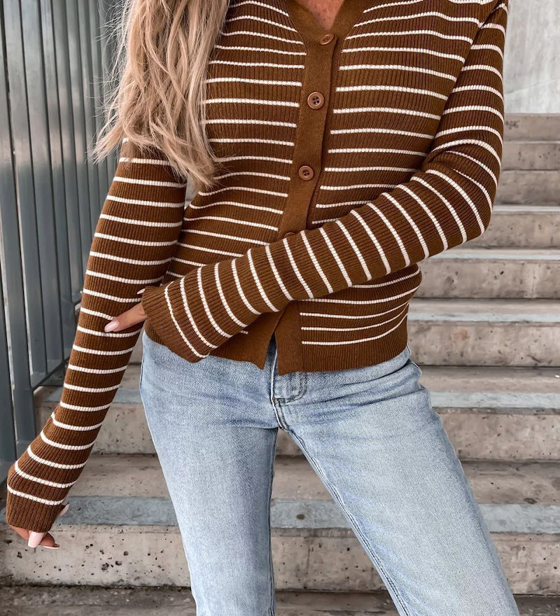 Cardigan a righe con coste da donna con collo polo