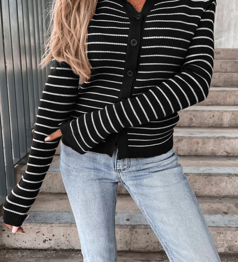 Cardigan a righe con coste da donna con collo polo
