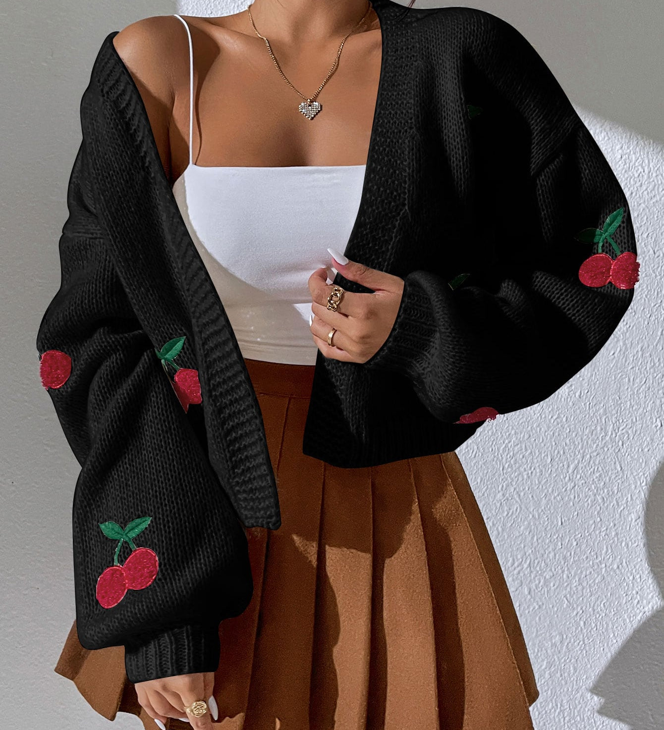 Cardigan lavorato a maglia con ricamo di ciliegie da donna - Casual a maniche lunghe