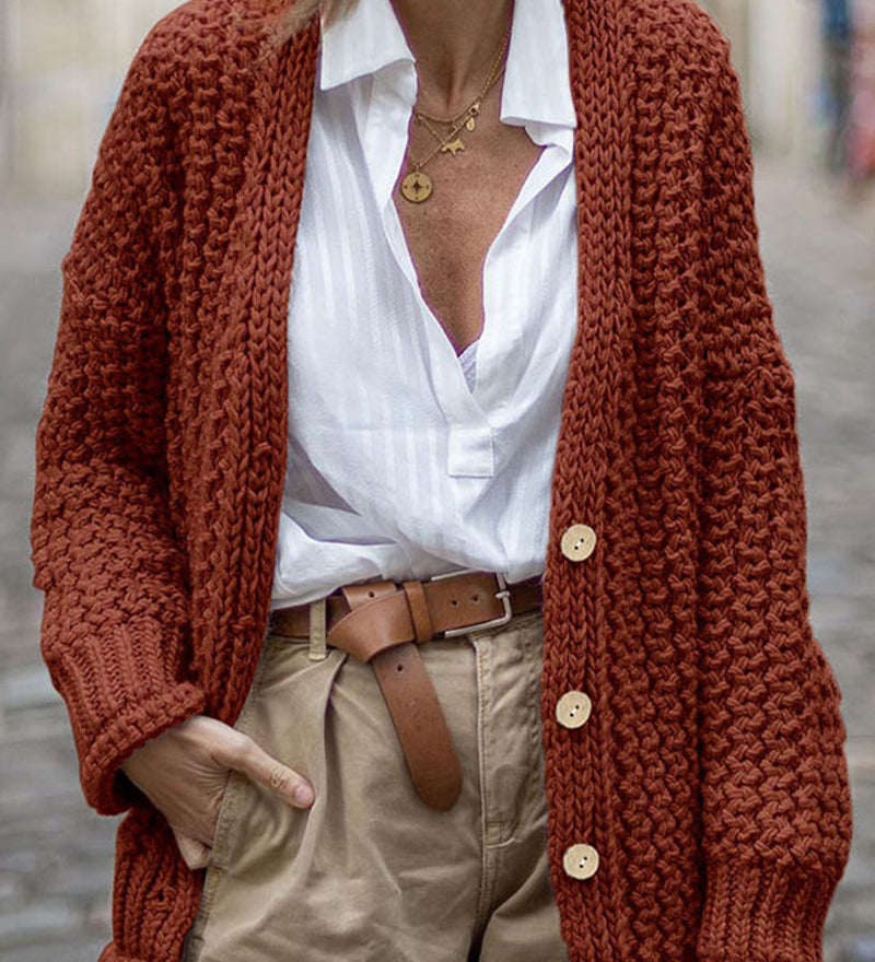 Cardigan Elegante Spessa Oversize a Coste da Donna