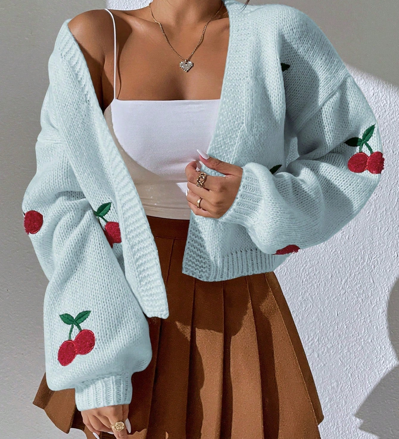 Cardigan lavorato a maglia con ricamo di ciliegie da donna - Casual a maniche lunghe