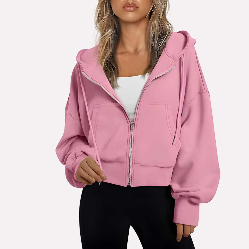 Felpa con zip da donna, vestibilità comoda, corta, con coulisse