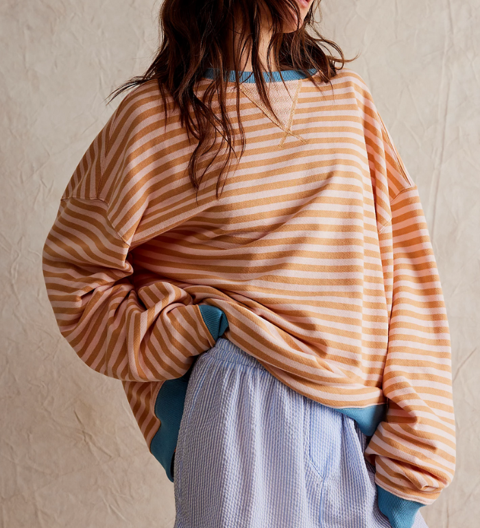 Felpa oversize a righe da donna con maniche a palloncino ampie e vestibilità comoda