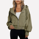 Felpa con zip da donna, vestibilità comoda, corta, con coulisse