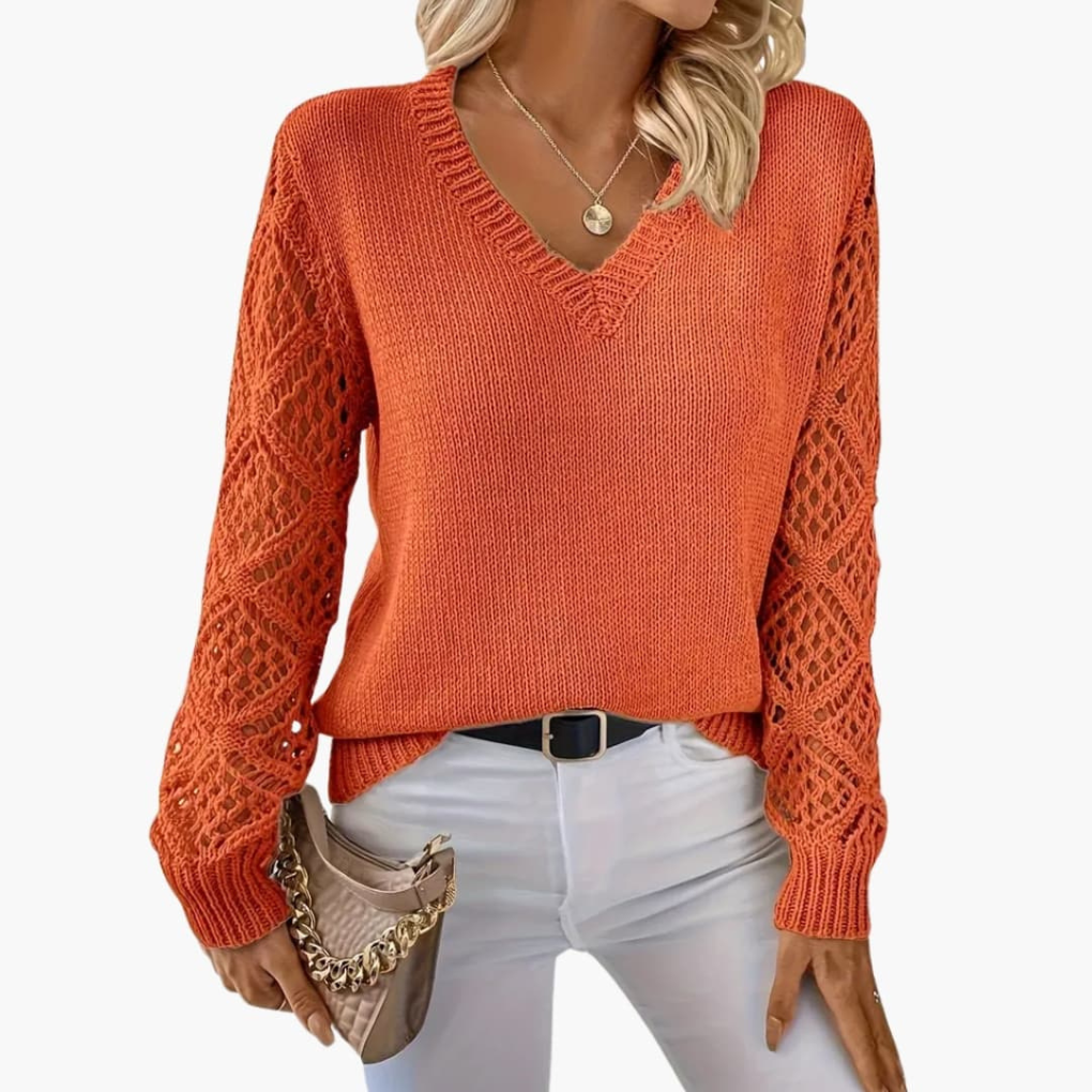 Maglione Donna a V Lavorato a Maglia con Dettaglio Maniche Aperte