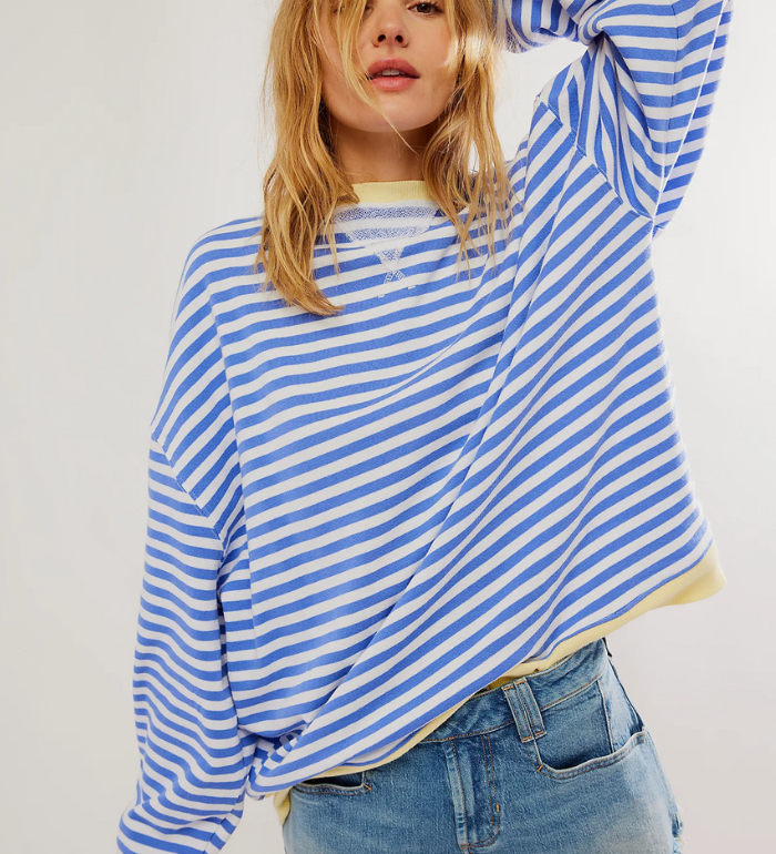 Felpa oversize a righe da donna con maniche a palloncino ampie e vestibilità comoda