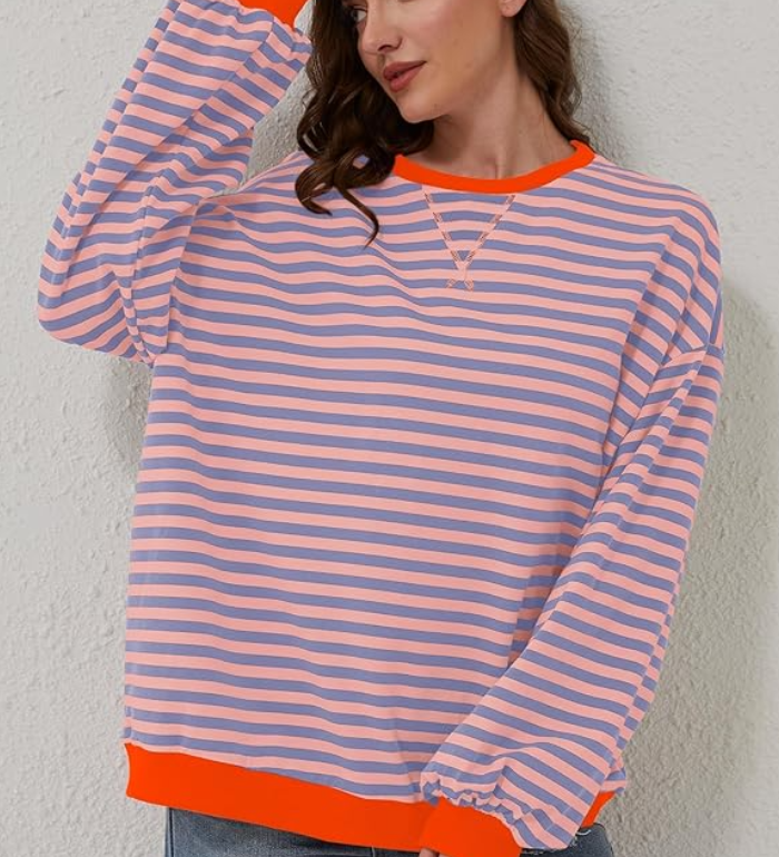 Felpa oversize a righe da donna con maniche a palloncino ampie e vestibilità comoda