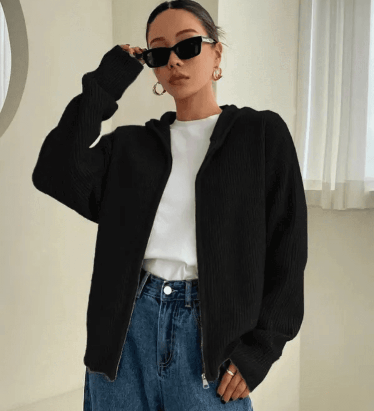 Felpa con cappuccio e cerniera in maglia da donna