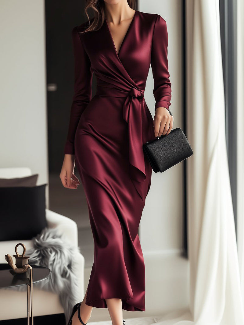 Abito Femminile Scollo V – Con Cintura, Adatto per Occasioni Festive