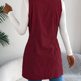 Giacca-gilet lunga da donna in velluto a coste tinta unita – Modello casual a doppio petto con tasche, ideale per look a strati