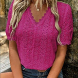 Top in pizzo da donna - Top a maniche corte con scollo a V