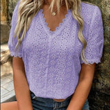 Top in pizzo da donna - Top a maniche corte con scollo a V
