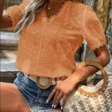 Top in pizzo da donna - Top a maniche corte con scollo a V