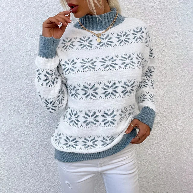 Maglione da donna in maglia con collo alto e motivo a fiocchi di neve – Pullover invernale confortevole per un festoso stile quotidiano