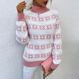 Maglione da donna in maglia con collo alto e motivo a fiocchi di neve – Pullover invernale confortevole per un festoso stile quotidiano