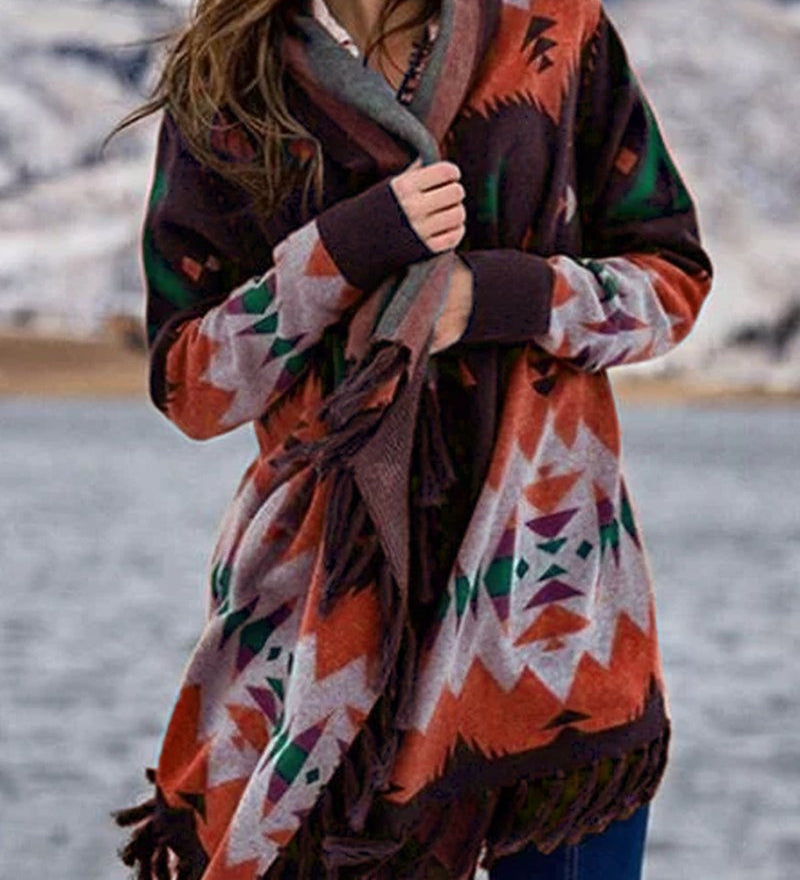 Cardigan avvolgente da donna con motivo e frange – Strato comodo per le stagioni più fresche