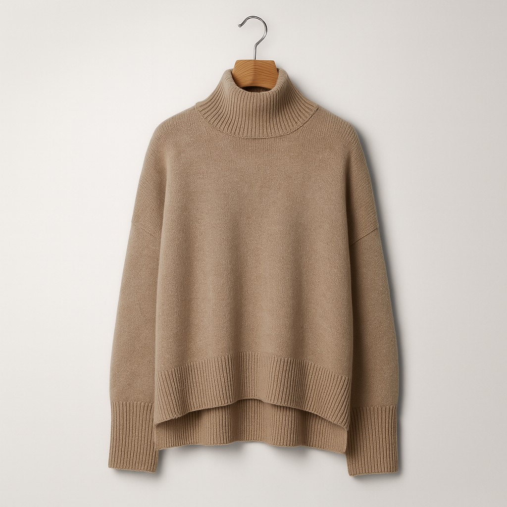 Maglione da donna in misto cashmere con collo alto arrotolato – maglia morbida per autunno e inverno