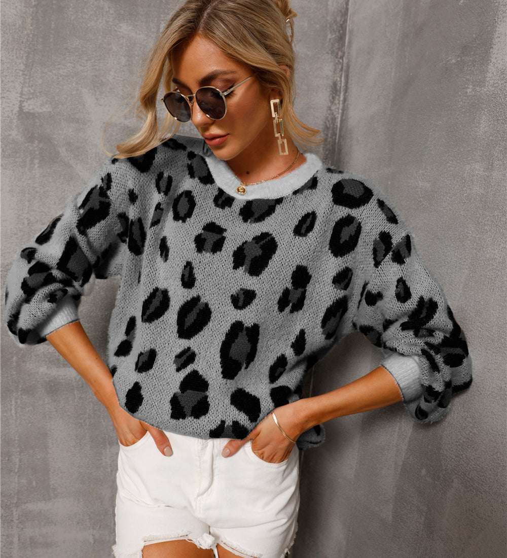 Maglione morbido in maglia leopardata da donna – Pullover morbido a girocollo per look casual a strati