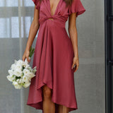 Elegante abito midi in raso con scollo a V profondo da donna maniche a farfalla e gonna asimmetrica fluida