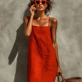 Abito in lino rosso da donna con spalline sottili - Boho e senza tempo