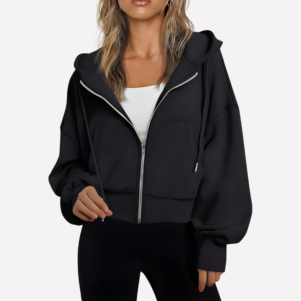 Felpa con zip da donna, vestibilità comoda, corta, con coulisse