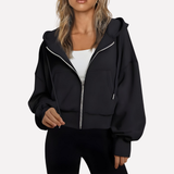 Felpa con zip da donna, vestibilità comoda, corta, con coulisse