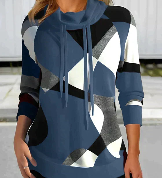 Felpa da donna con blocchi di colore astratti e collo a scialle – Pullover morbido per un look quotidiano elegante