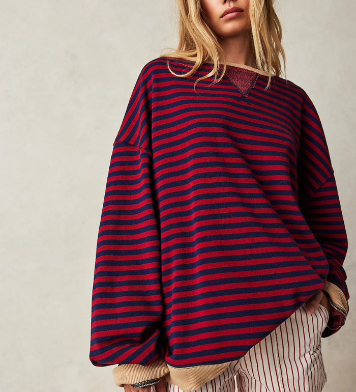 Felpa oversize a righe da donna con maniche a palloncino ampie e vestibilità comoda