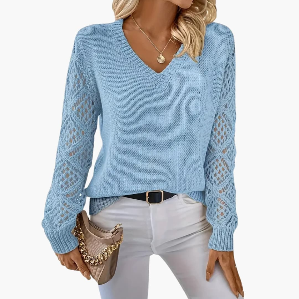 Maglione Donna a V Lavorato a Maglia con Dettaglio Maniche Aperte