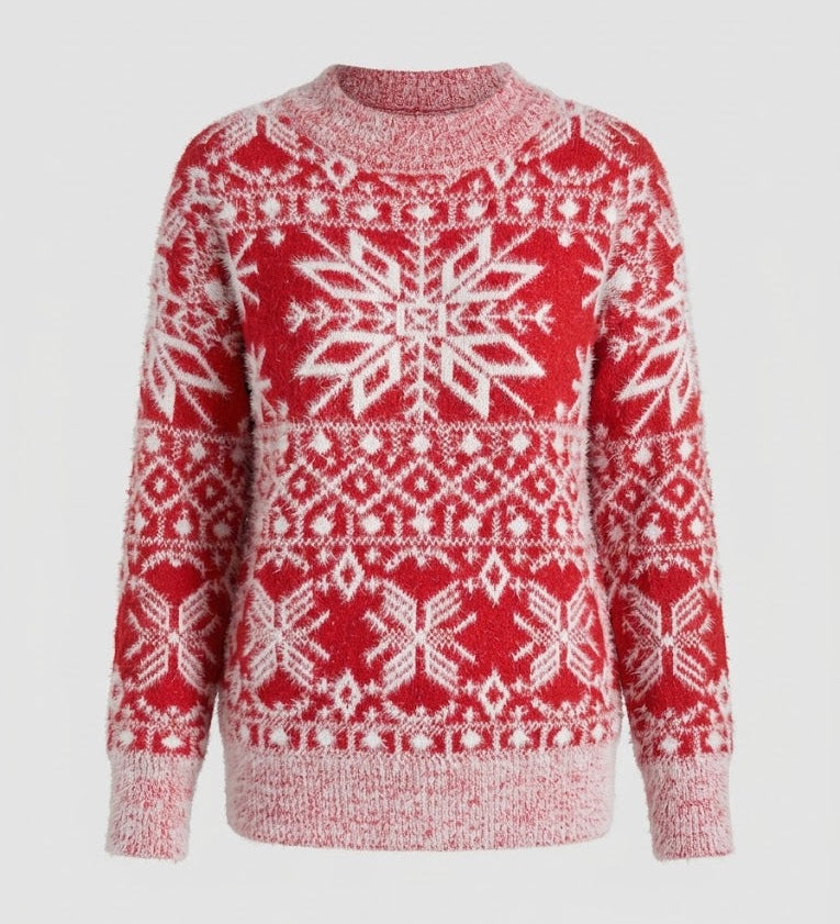 Maglione da donna in maglia con fiocchi di neve nordici – Pullover festivo con girocollo per le giornate invernali