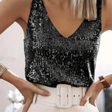 Canotta da donna con scollo a V e paillettes – Elegante top senza maniche